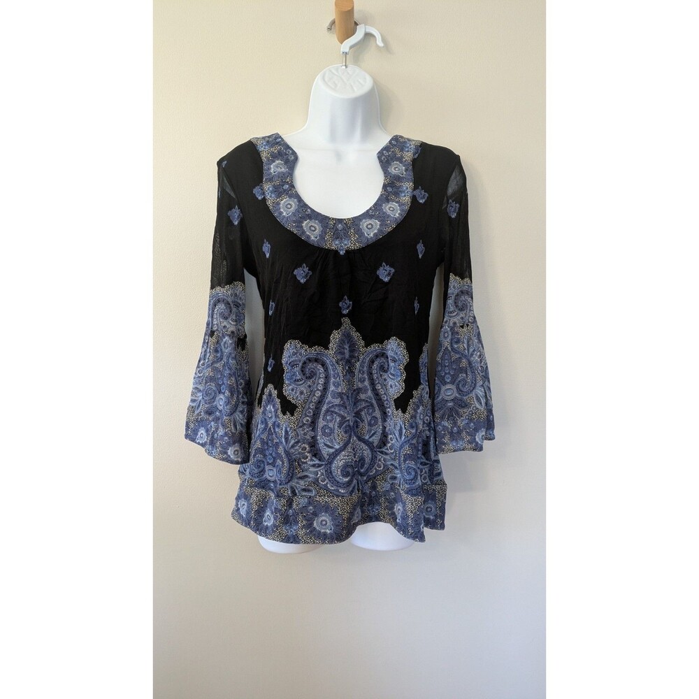 Vtg Y2K INC Mesh Bell Sleeve Top M Whimsigoth Fairy Grunge Boho Paisley Black
